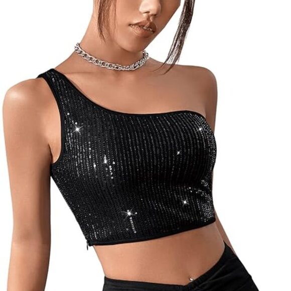 Women's One Shoulder Sleeveless Sequin Glitter Party Cropped Tank Crop Tops - Picture 4 of 6